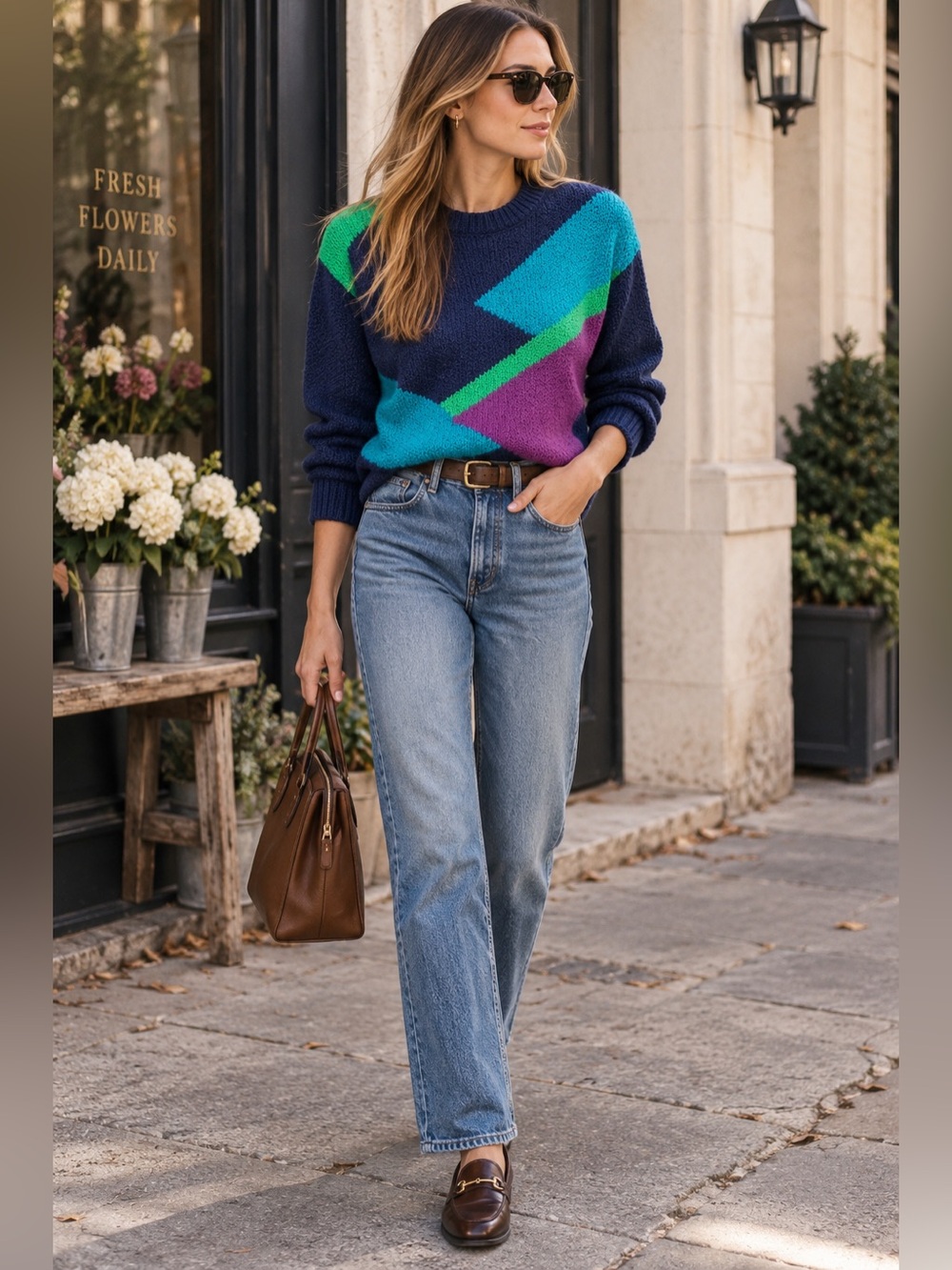 Private Party Vintage 80s/90s Geometric Colorblock Sweater Navy Purple Teal S